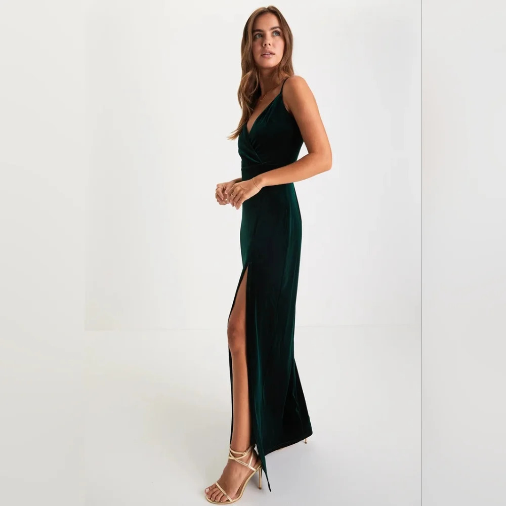 Lulus Graceful Glamour Emerald Green Velvet Surplice Maxi Dress Wedding Party - Picture 3 of 10